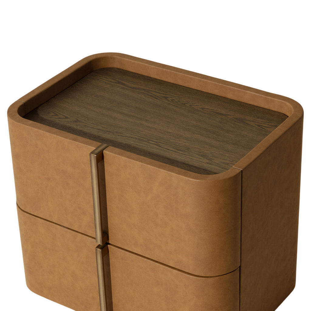 Curved Nightstand in Cognac Faux Leather - Oak Veneer Top, 2 Drawers, Acacia Base
