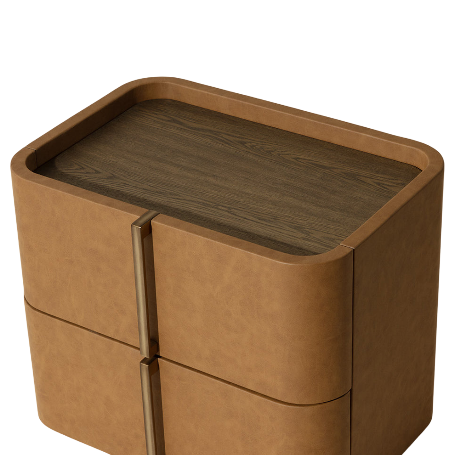 Curved Nightstand in Cognac Faux Leather - Oak Veneer Top, 2 Drawers, Acacia Base