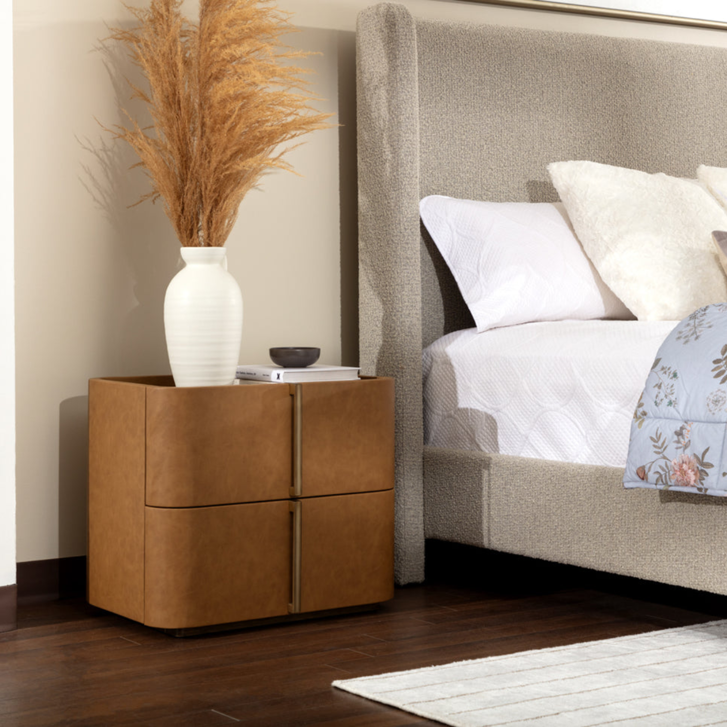 Curved Nightstand in Cognac Faux Leather - Oak Veneer Top, 2 Drawers, Acacia Base