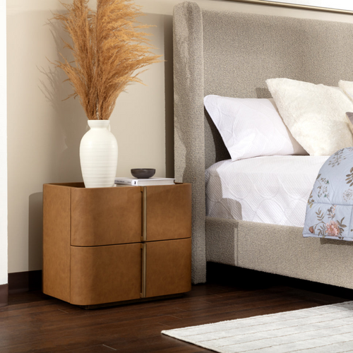 Curved Nightstand in Cognac Faux Leather - Oak Veneer Top, 2 Drawers, Acacia Base