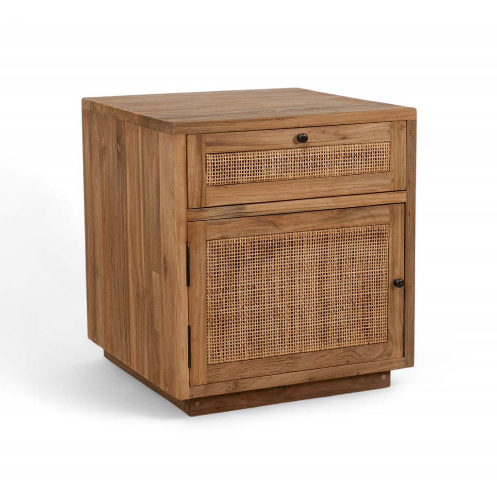Reclaimed Teak Side Table - Cane Drawer, Black Metal Knobs, Rustic Character