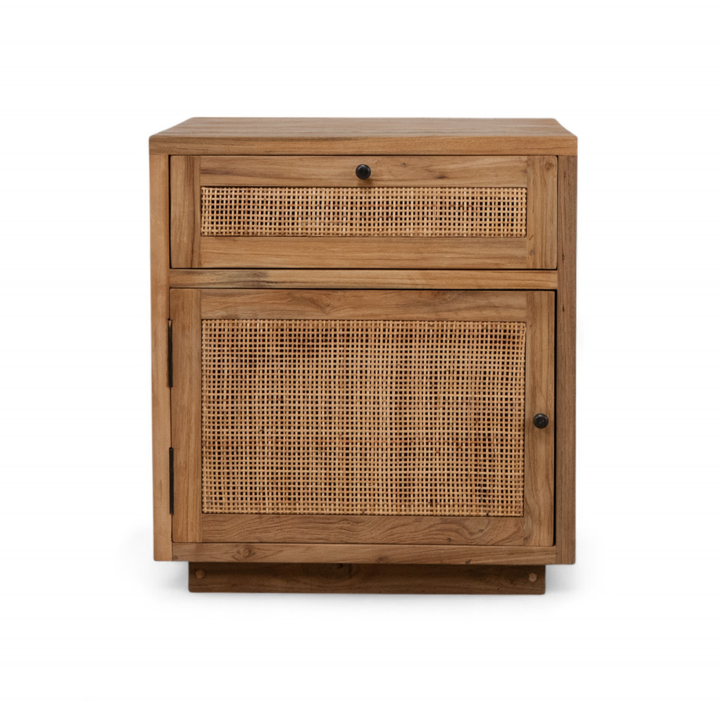 Reclaimed Teak Side Table - Cane Drawer, Black Metal Knobs, Rustic Character
