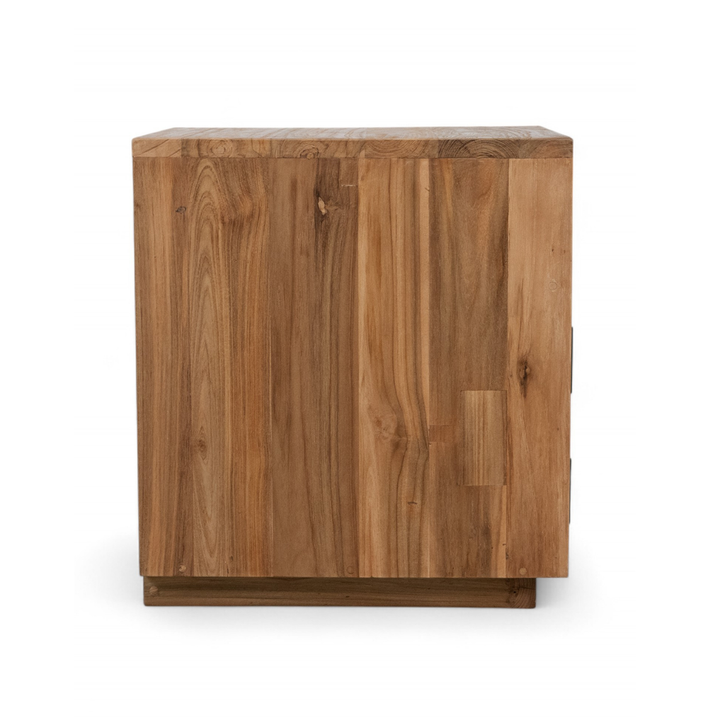 Reclaimed Teak Side Table - Cane Drawer, Black Metal Knobs, Rustic Character