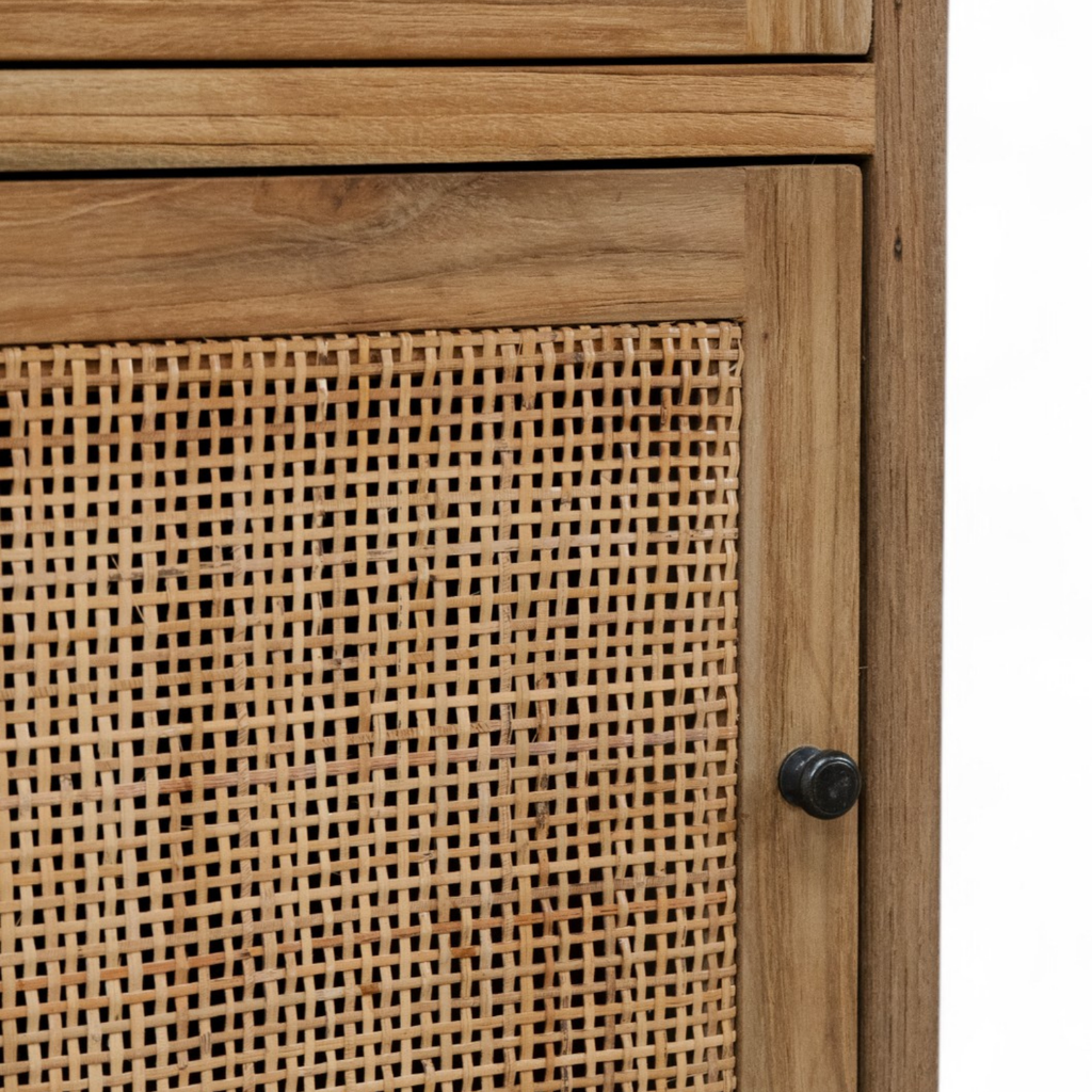 Reclaimed Teak Side Table - Cane Drawer, Black Metal Knobs, Rustic Character