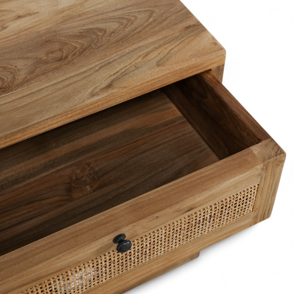 Reclaimed Teak Side Table - Cane Drawer, Black Metal Knobs, Rustic Character