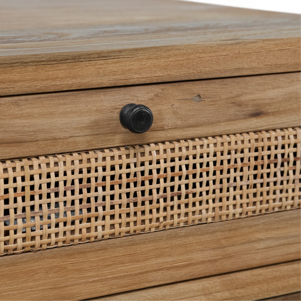 Reclaimed Teak Side Table - Cane Drawer, Black Metal Knobs, Rustic Character