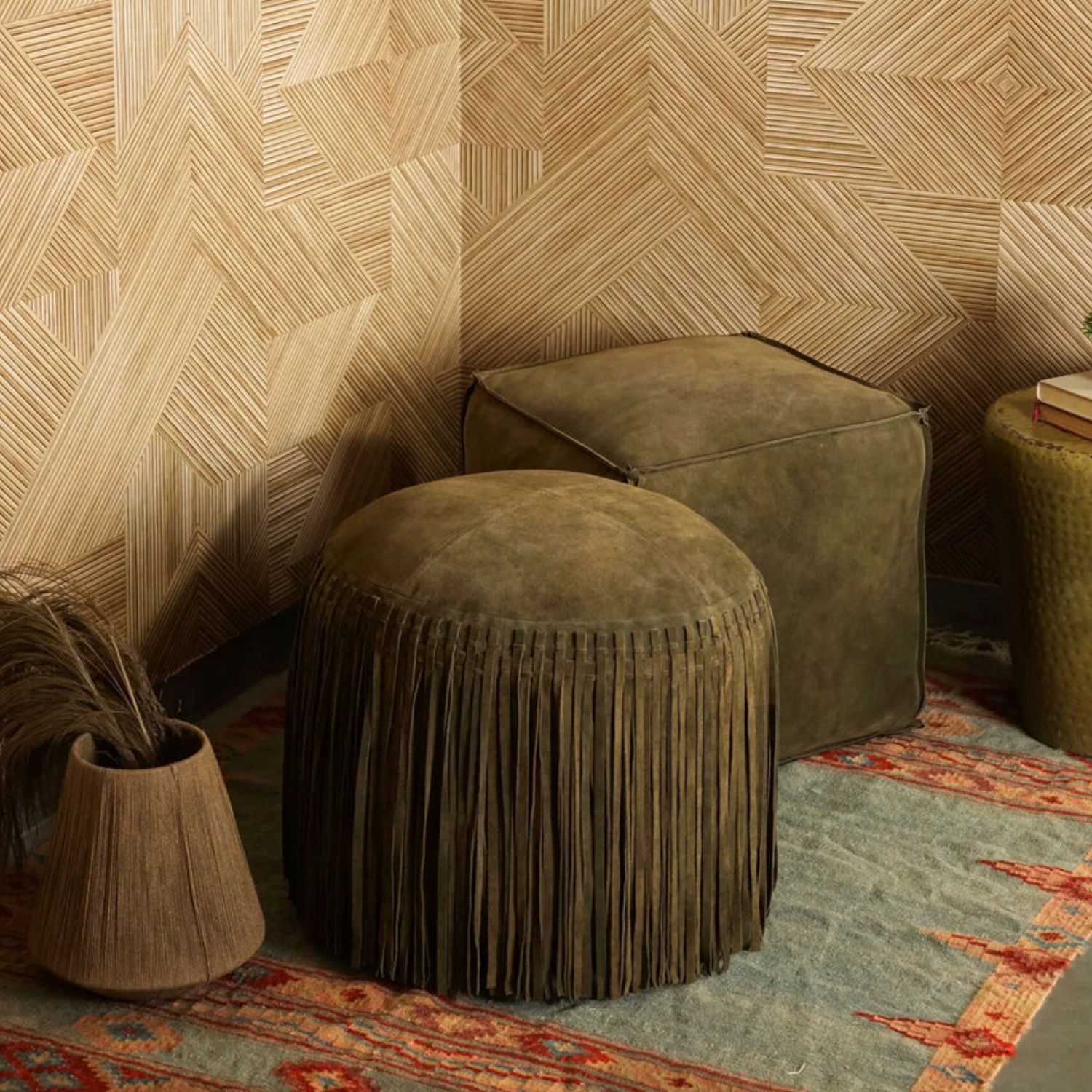 Suede Leather Round Ottoman in Forest Green - Fringe Detail