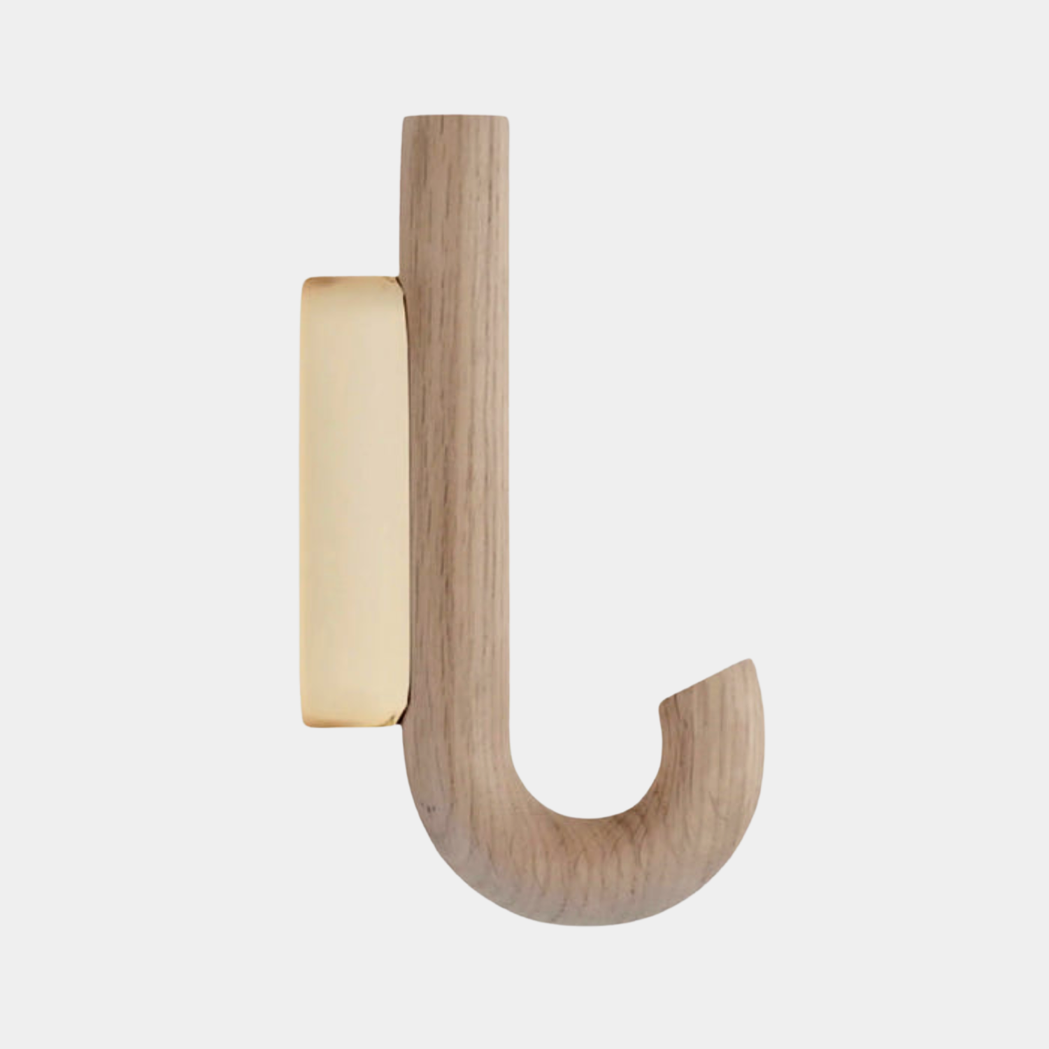 J-Curve Wall Hook in Oak & Brass - Umbrella-Inspired, Multi-Room Use