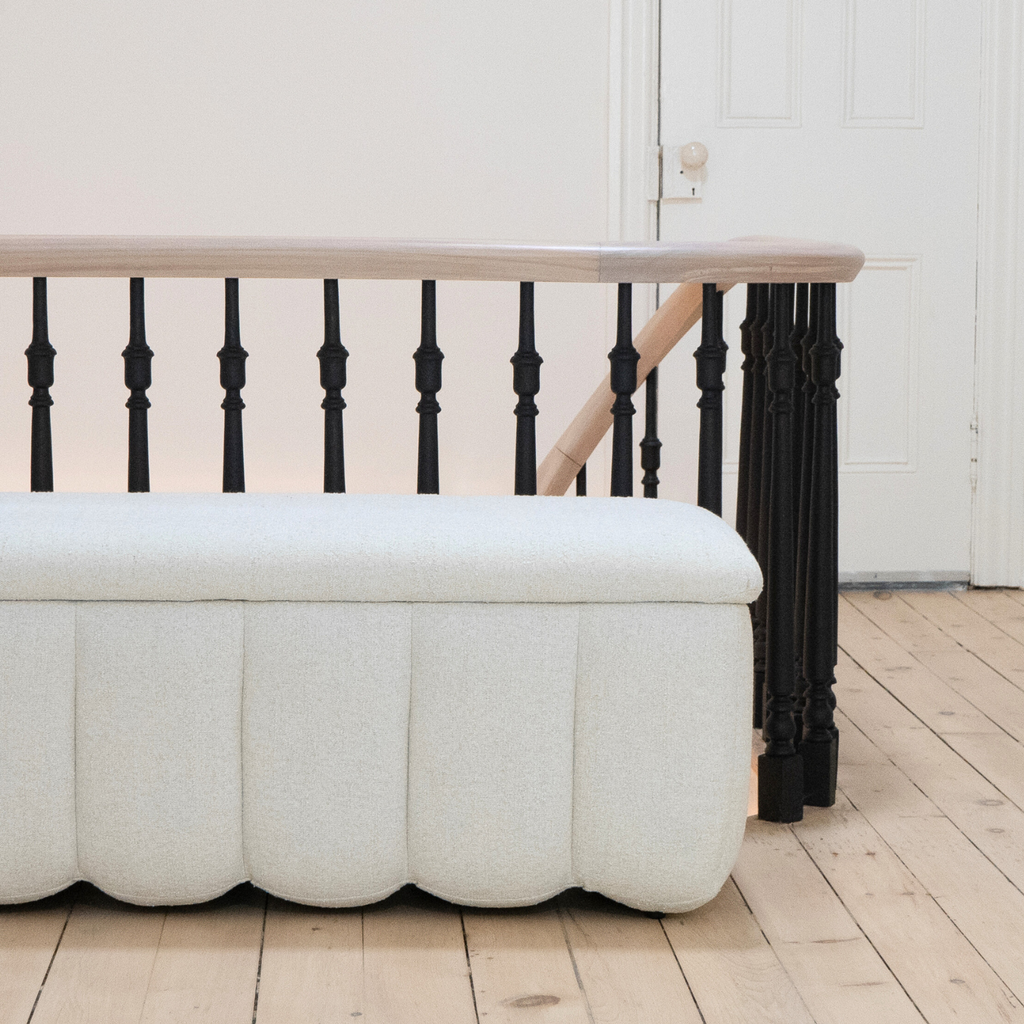 Channel-Tufted Storage Bench in Ivory Fabric - Rounded Edges, Hidden Storage