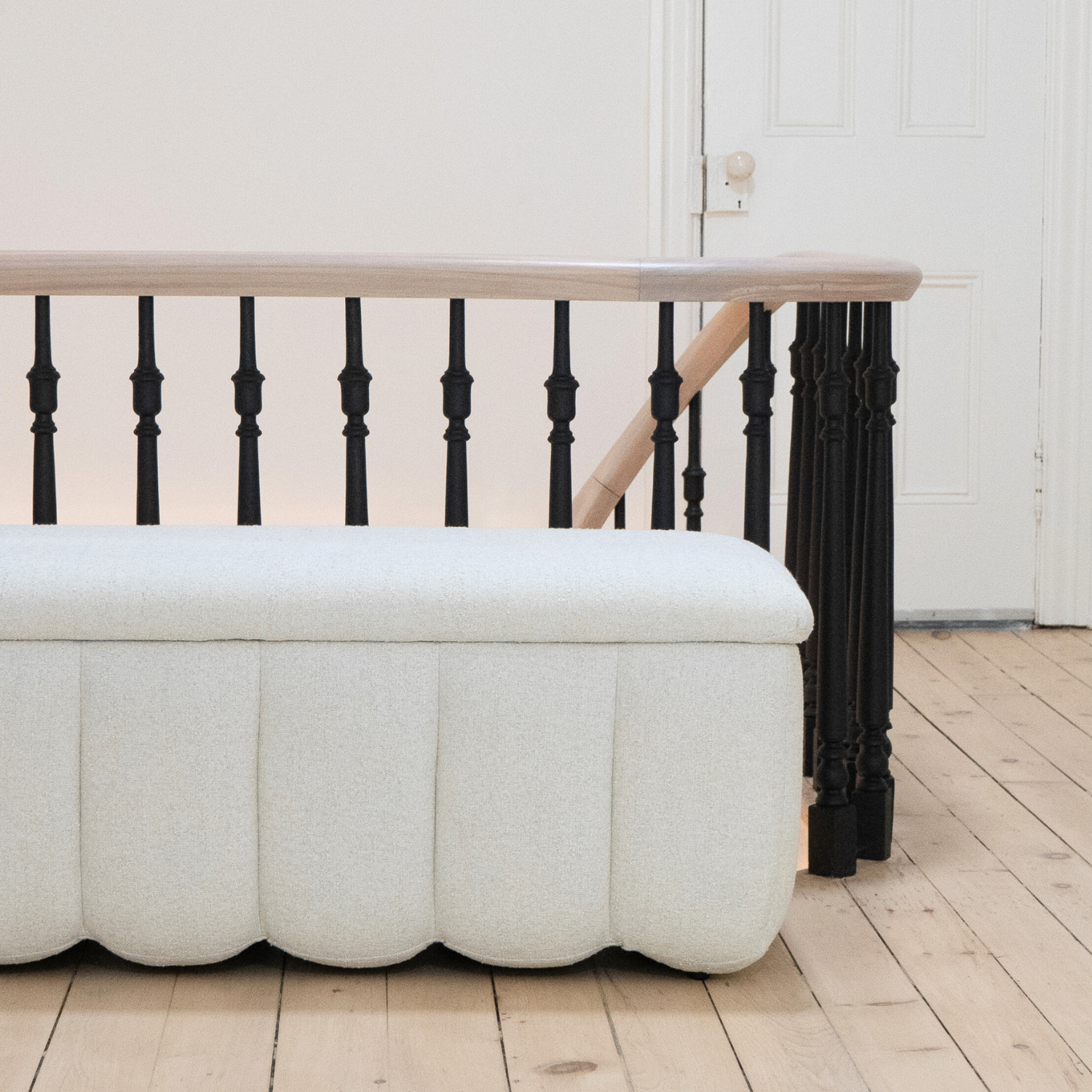 Channel-Tufted Storage Bench in Ivory Fabric - Rounded Edges, Hidden Storage