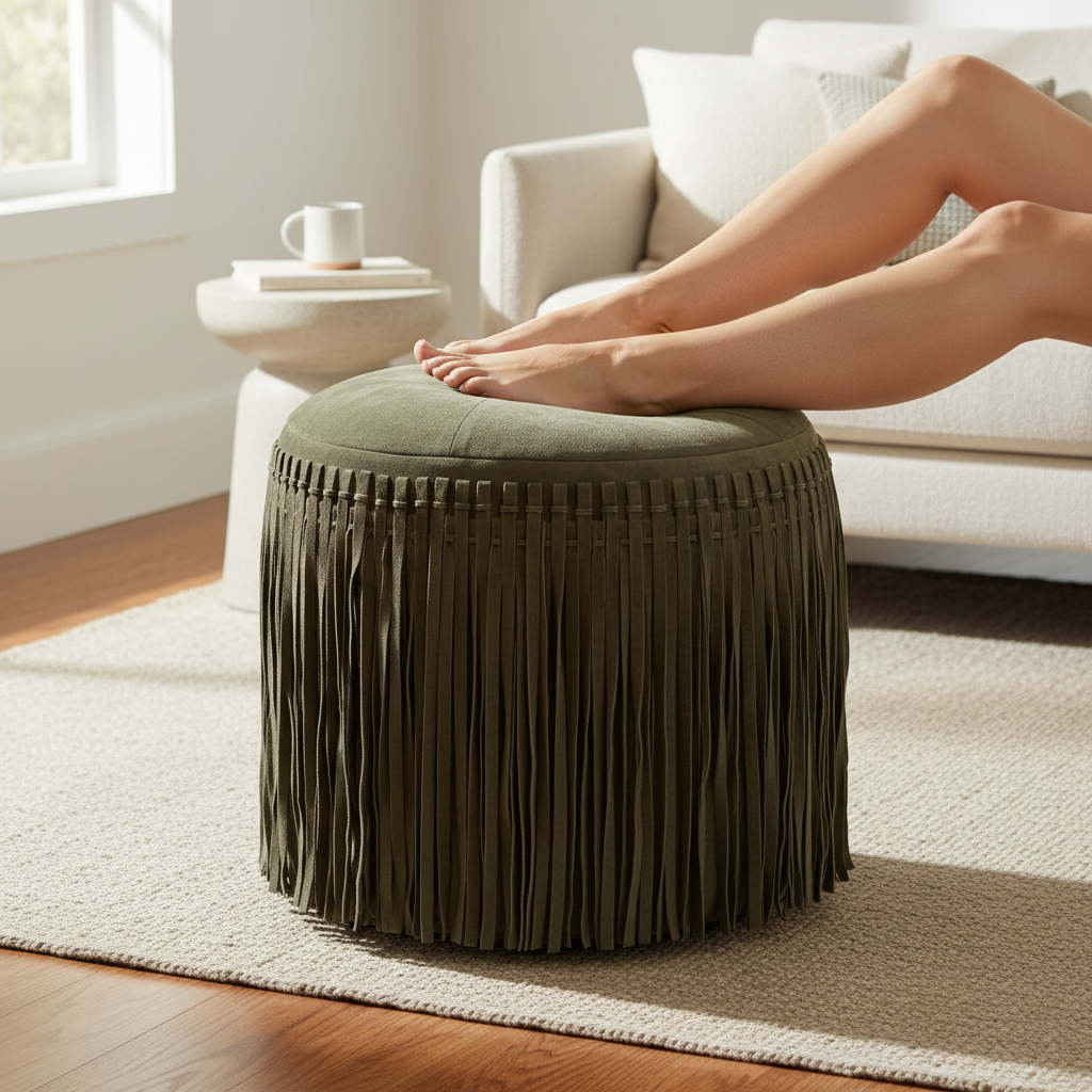 Suede Leather Round Ottoman in Forest Green - Fringe Detail