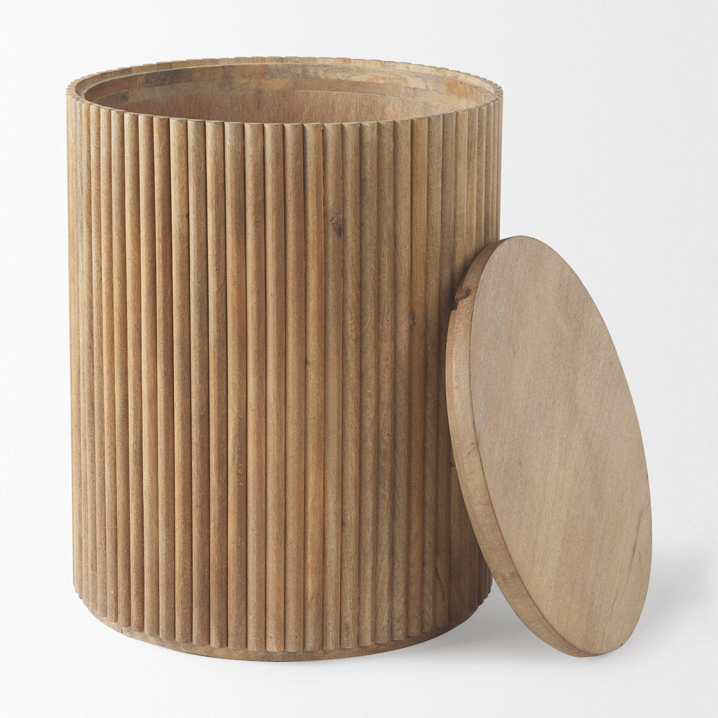 Solid Mango Wood Side Table in Blonde - Fluted Base, Round Top, Removable Lid