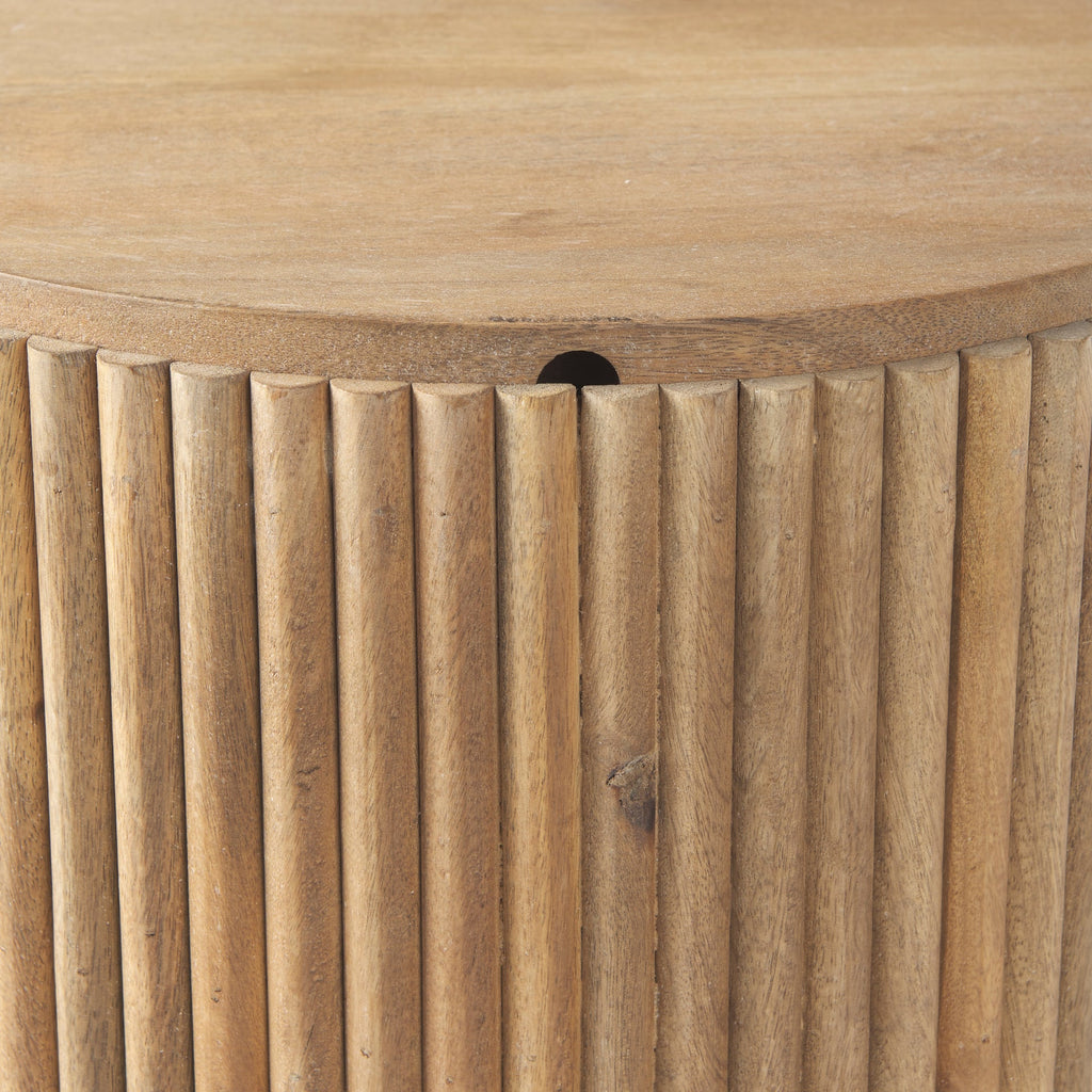 Solid Mango Wood Side Table in Blonde - Fluted Base, Round Top, Removable Lid