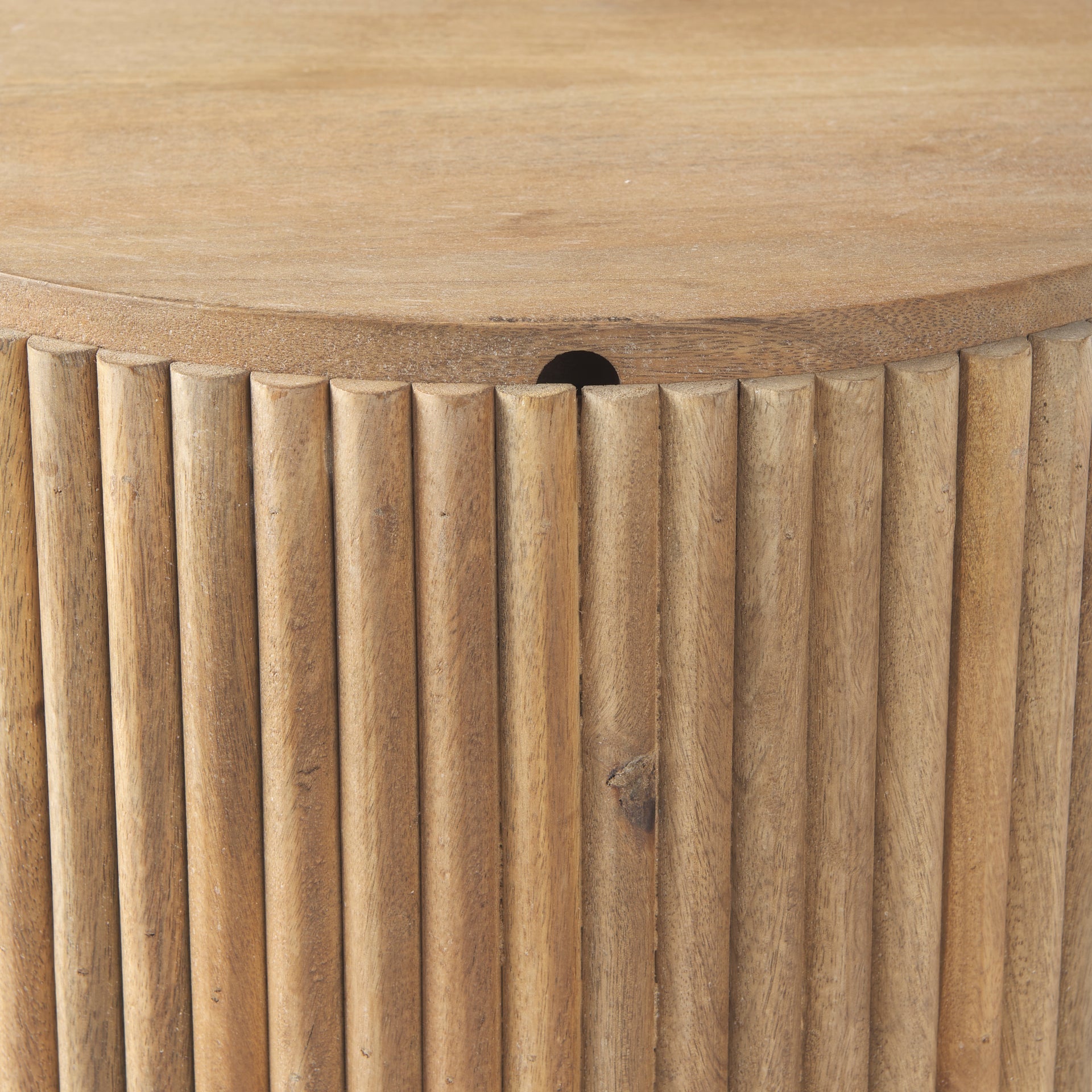 Solid Mango Wood Side Table in Blonde - Fluted Base, Round Top, Removable Lid