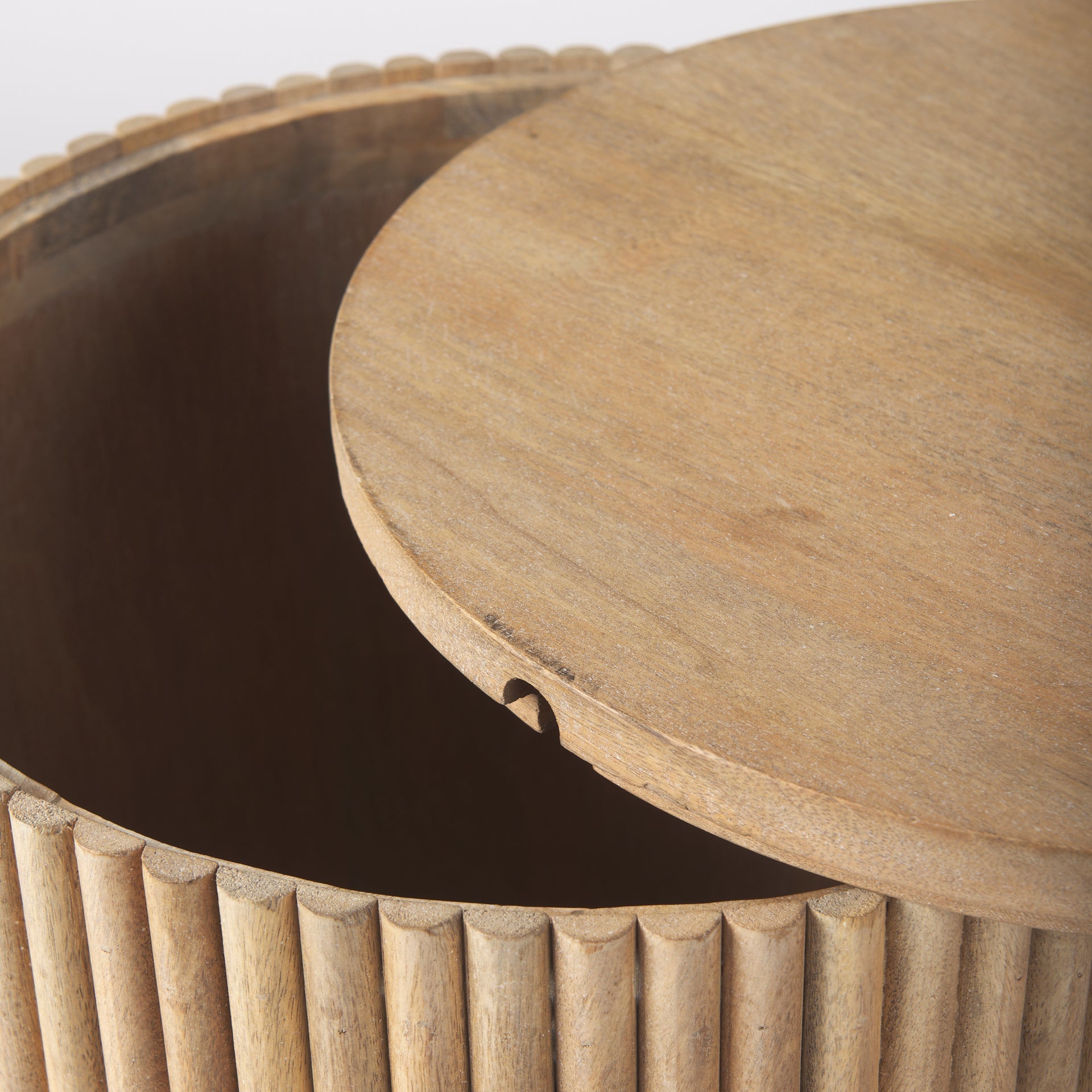 Solid Mango Wood Side Table in Blonde - Fluted Base, Round Top, Removable Lid