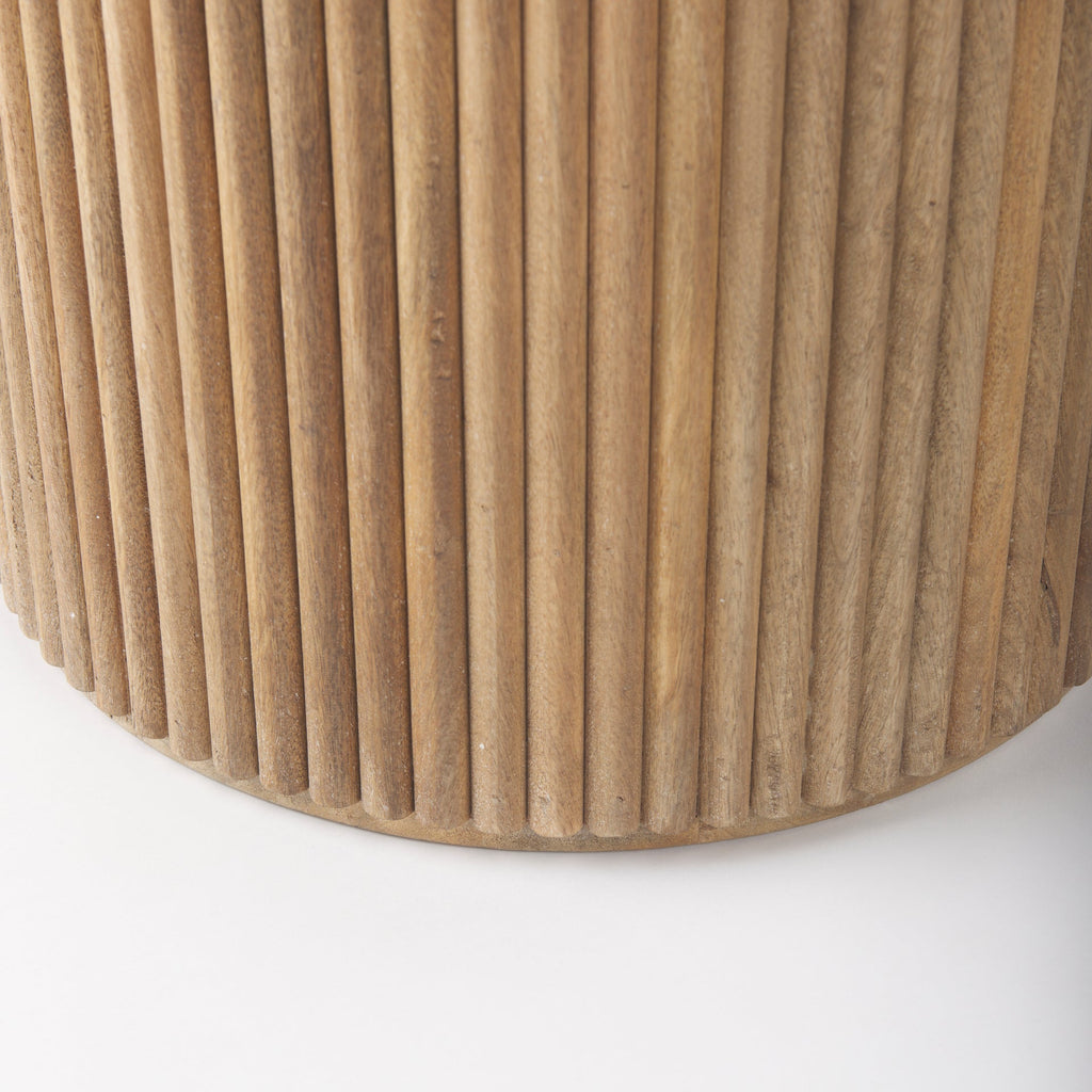 Solid Mango Wood Side Table in Blonde - Fluted Base, Round Top, Removable Lid