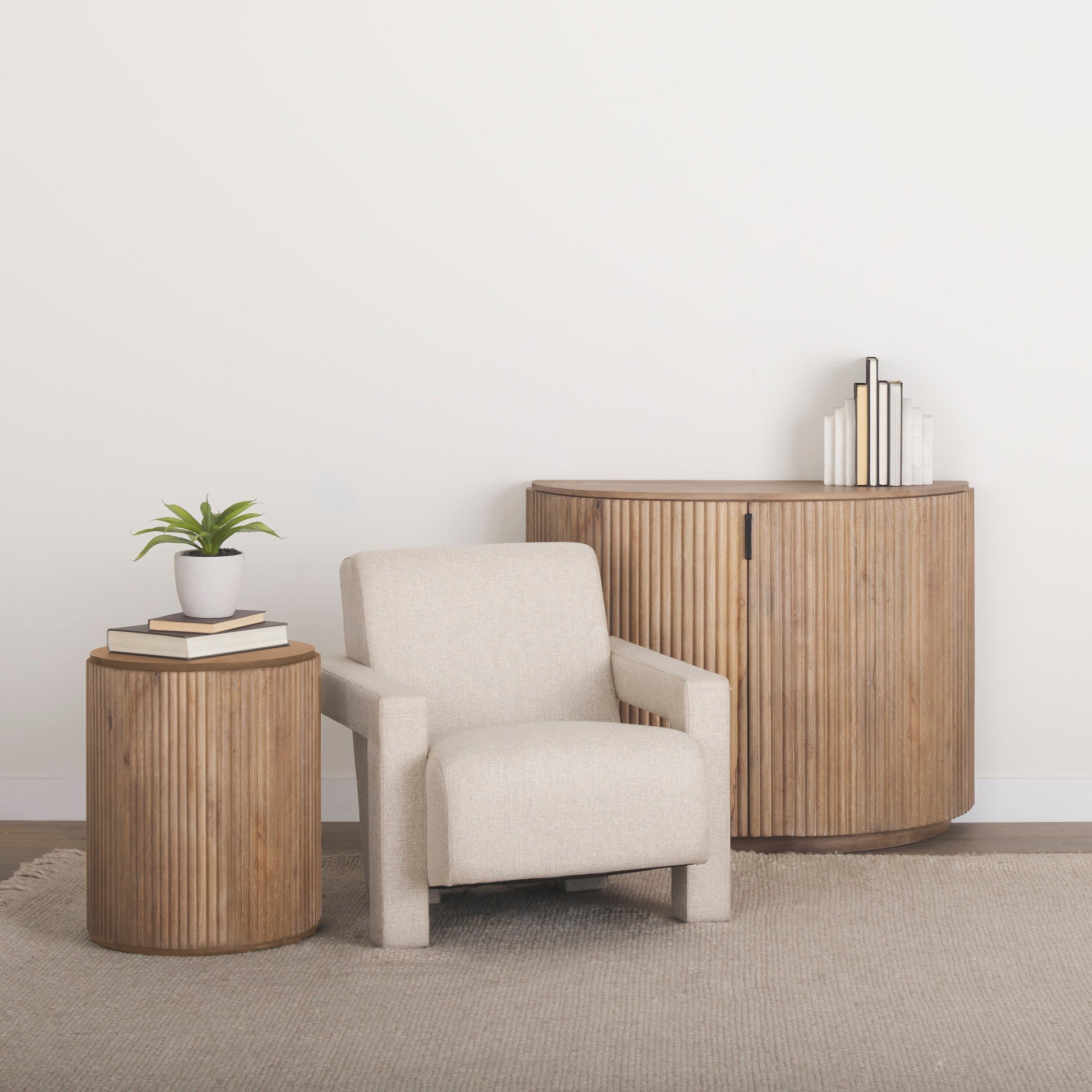 Solid Mango Wood Side Table in Blonde - Fluted Base, Round Top, Removable Lid