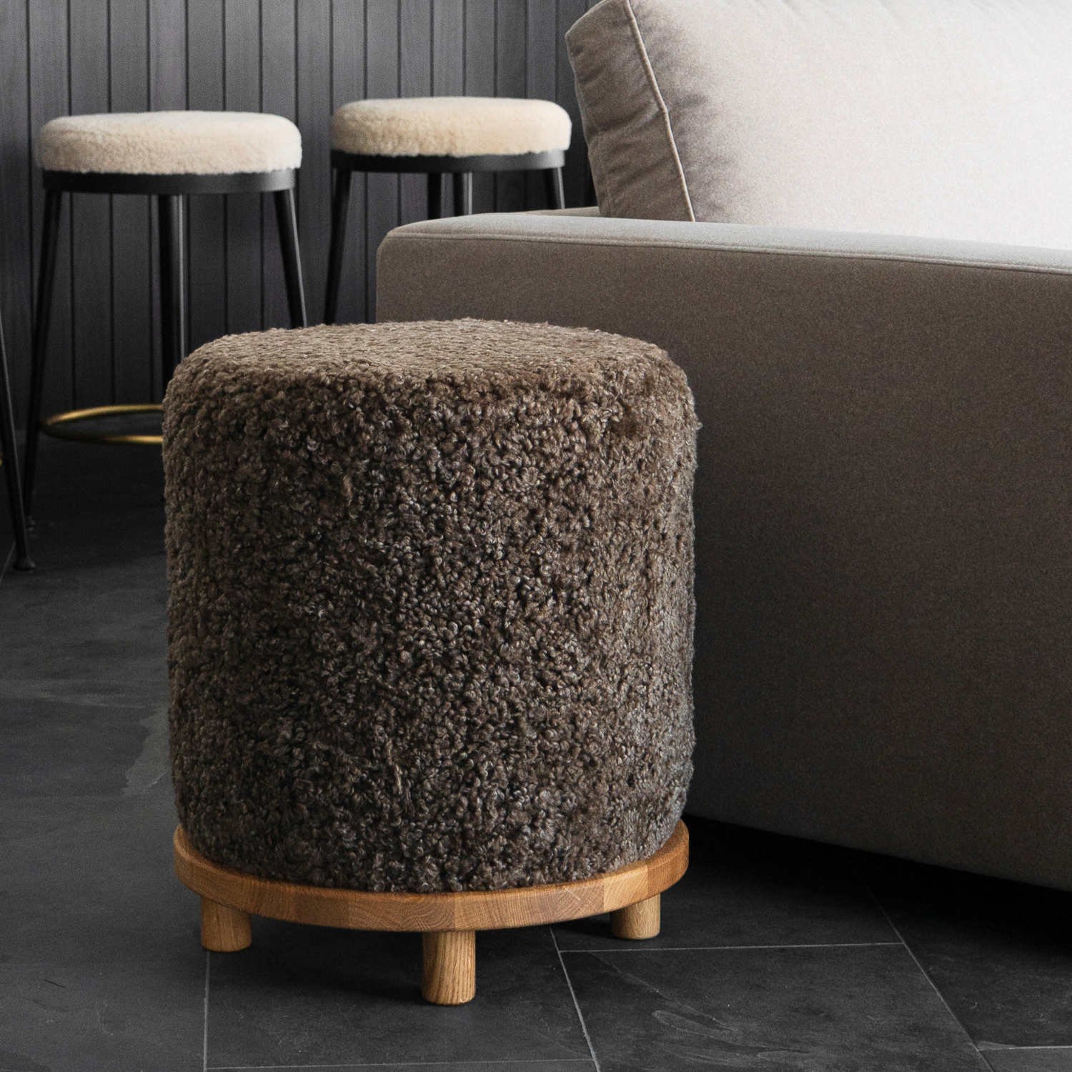 Wool Sheepskin Round Ottoman in Taupe - Solid Oak Base