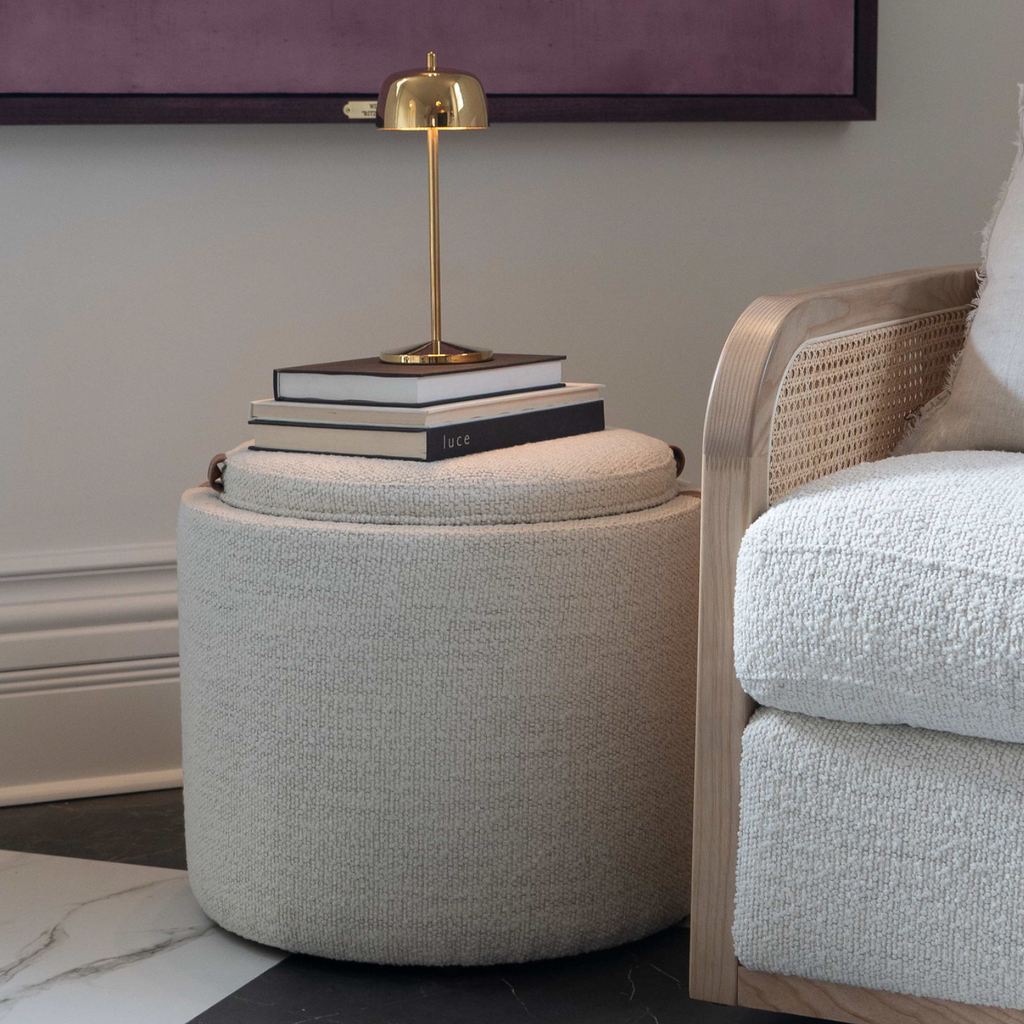 Storage Ottoman in Pearl Boucle - Leather Accents, Wood Tray Lid, Lined Interior