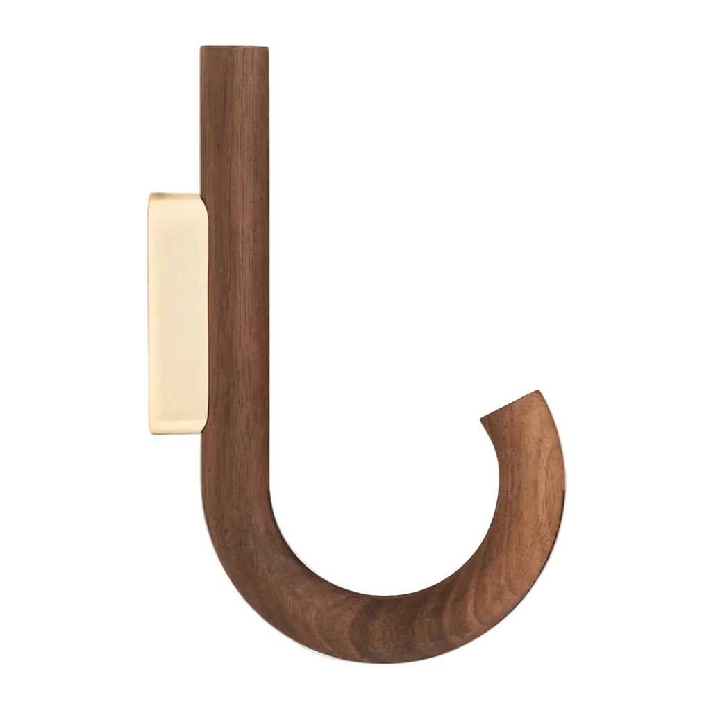 J-Curve Wall Hook in Walnut & Brass - Umbrella-Inspired, Multi-Room Use