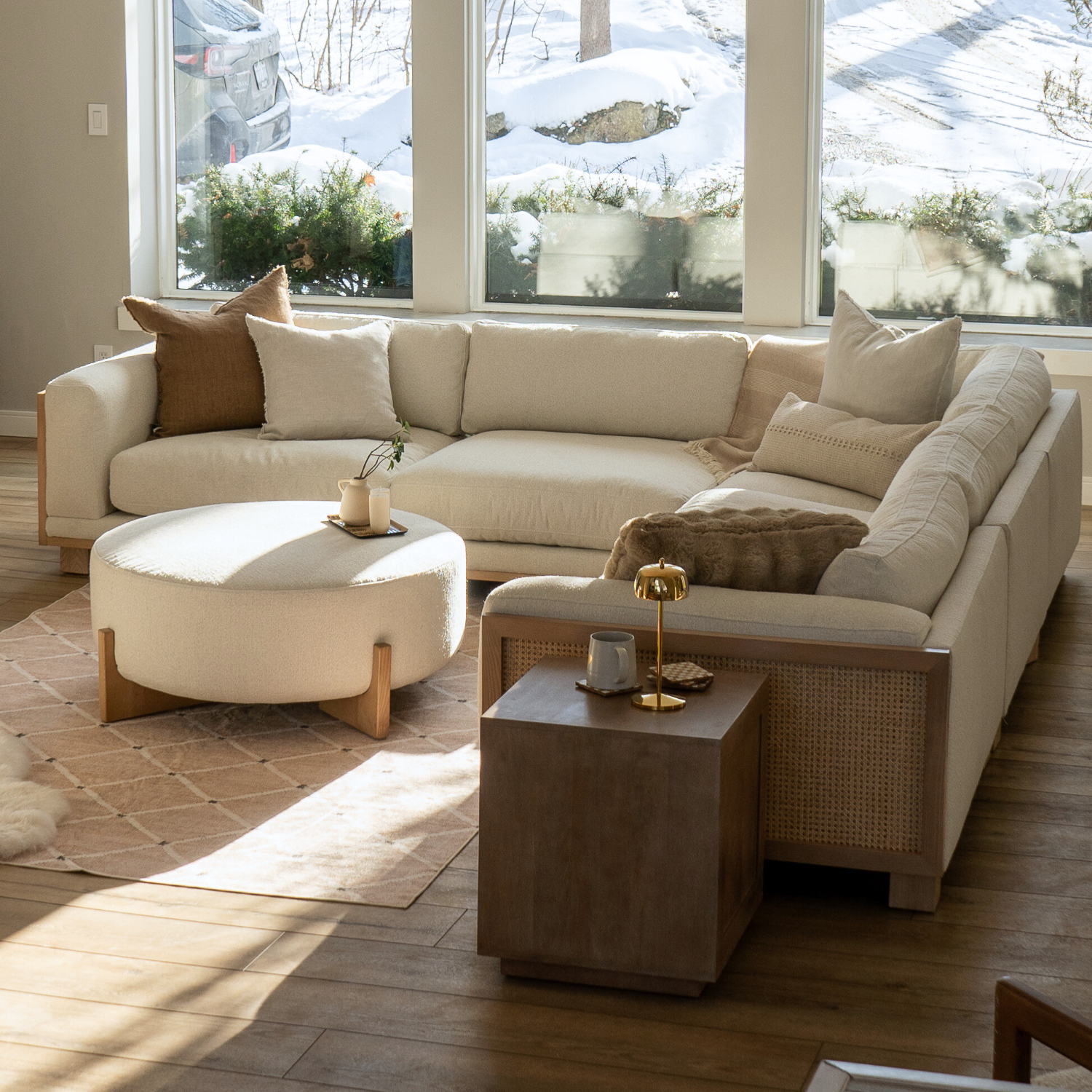 Round Ottoman in Ivory Polyester - Light Wood Base, Scandinavian Design