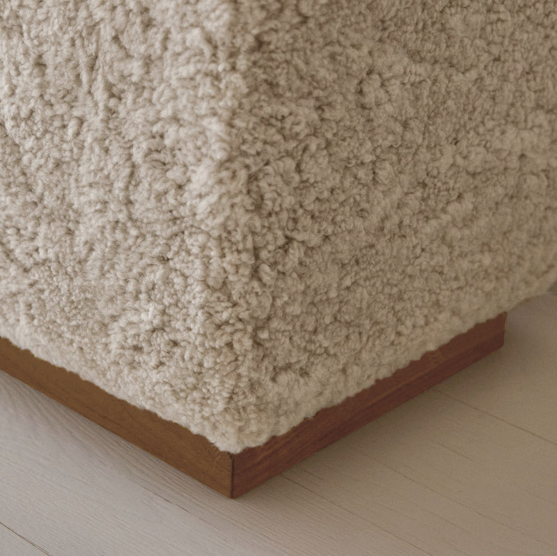 Wool Sheepskin Cube Bench in Pearl - Solid Oak Base