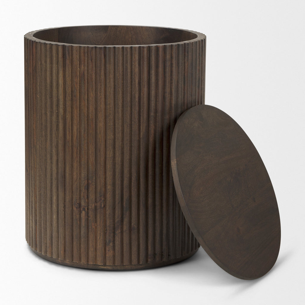 Solid Mango Wood Side Table in Espresso Brown - Fluted Base, Removable Lid