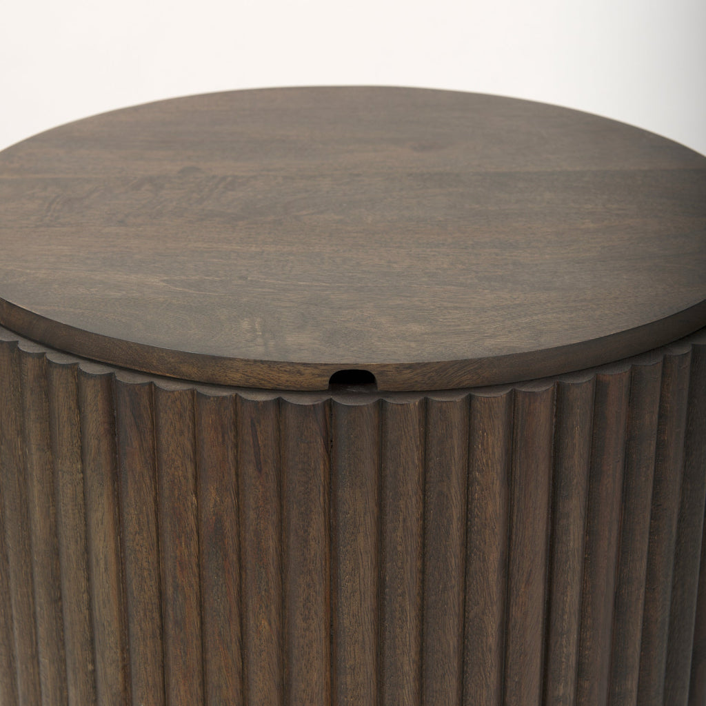 Solid Mango Wood Side Table in Espresso Brown - Fluted Base, Removable Lid