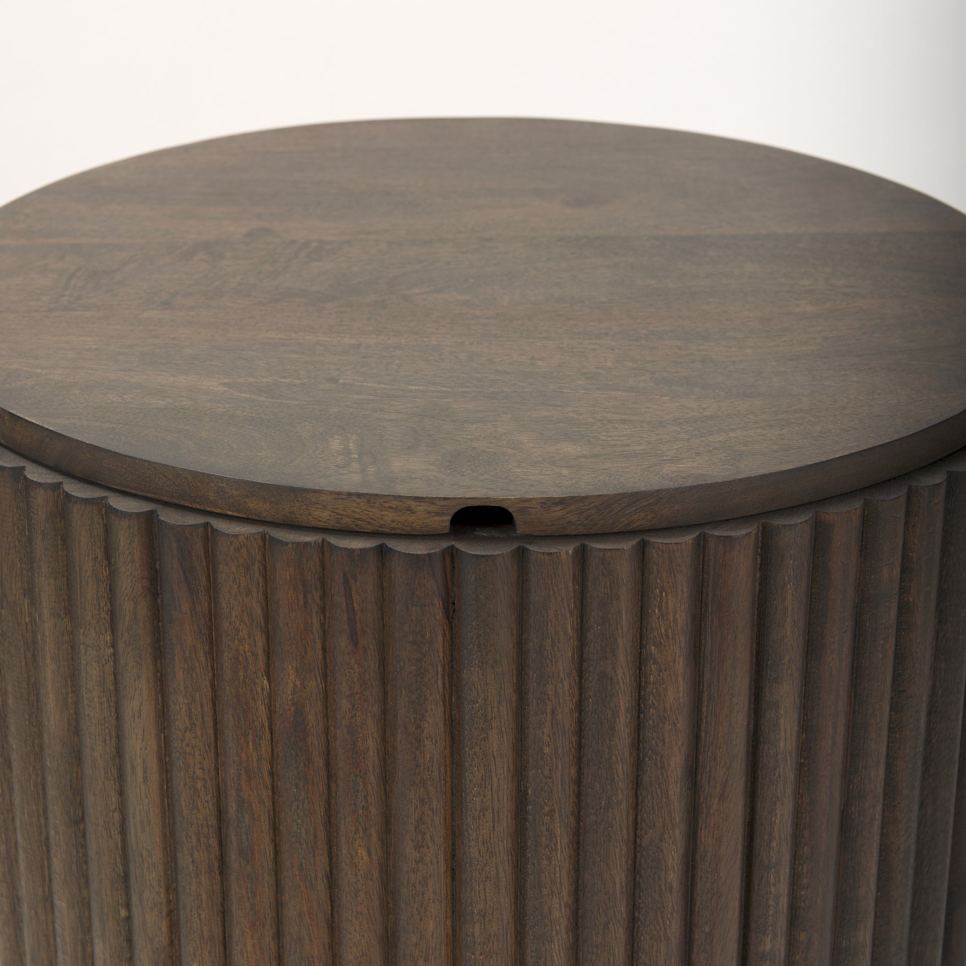 Solid Mango Wood Side Table in Espresso Brown - Fluted Base, Removable Lid