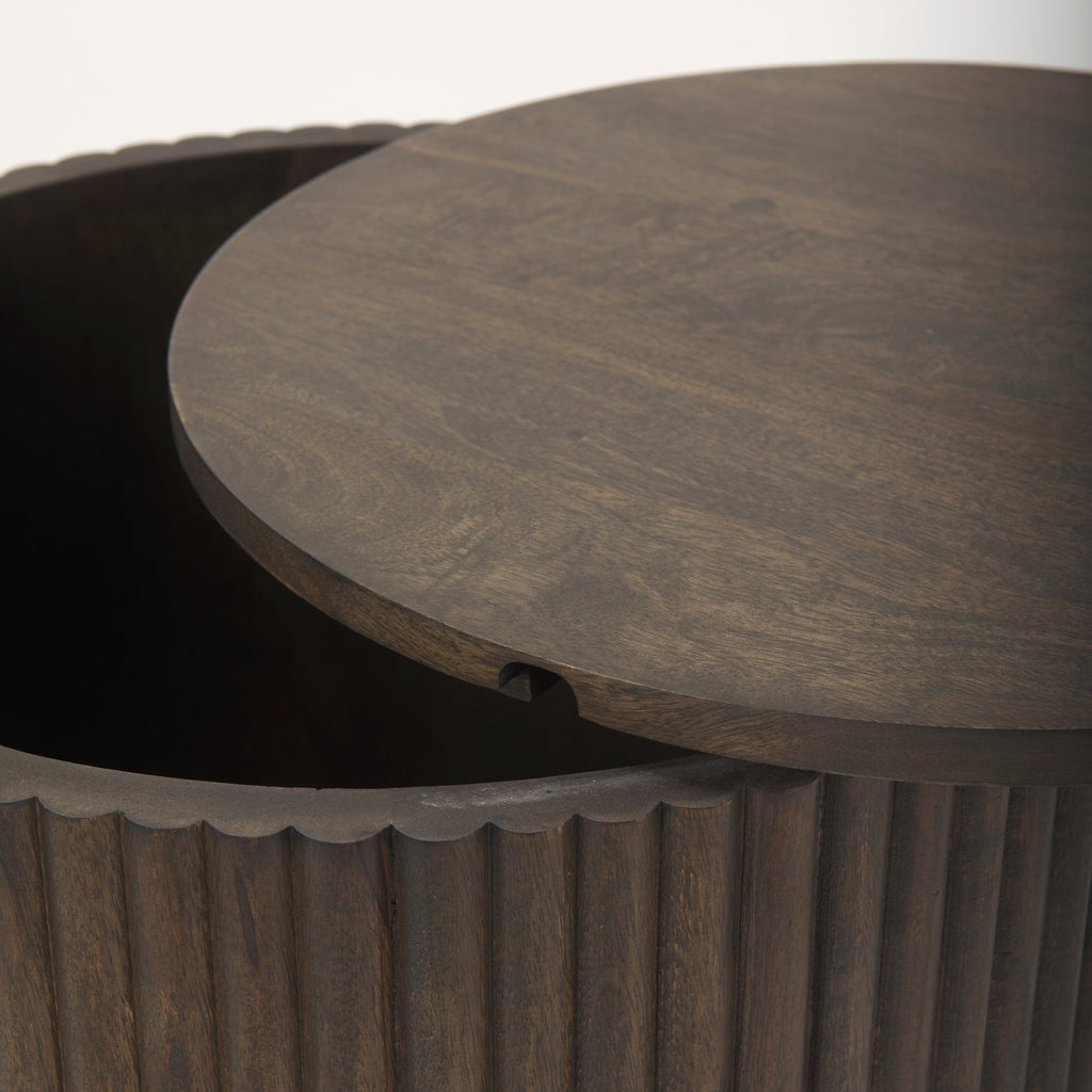 Solid Mango Wood Side Table in Espresso Brown - Fluted Base, Removable Lid