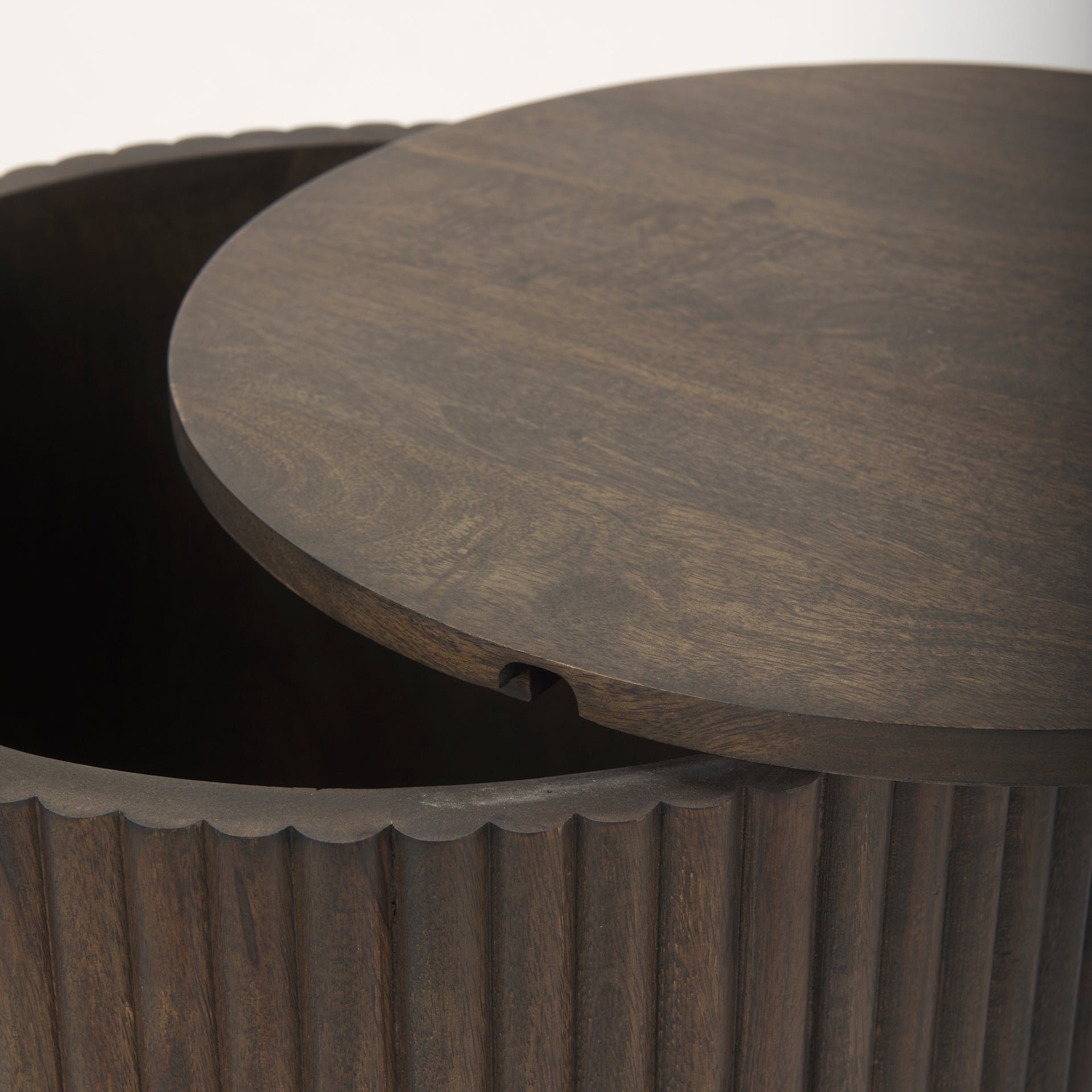 Solid Mango Wood Side Table in Espresso Brown - Fluted Base, Removable Lid