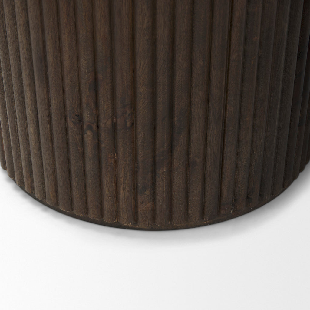 Solid Mango Wood Side Table in Espresso Brown - Fluted Base, Removable Lid