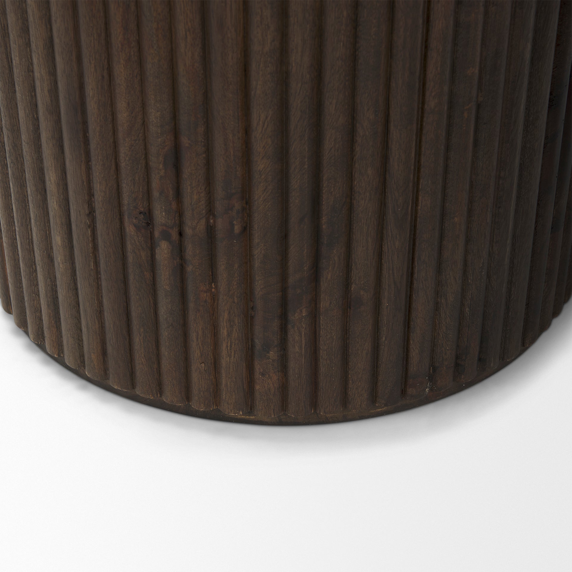 Solid Mango Wood Side Table in Espresso Brown - Fluted Base, Removable Lid