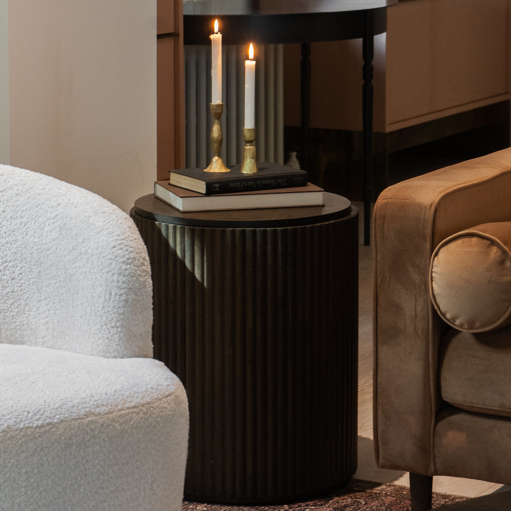 Solid Mango Wood Side Table in Espresso Brown - Fluted Base, Removable Lid