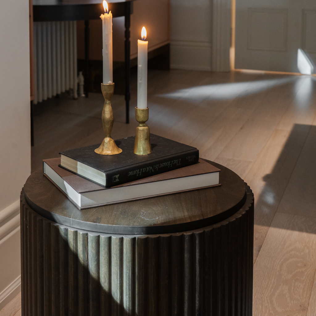 Solid Mango Wood Side Table in Espresso Brown - Fluted Base, Removable Lid